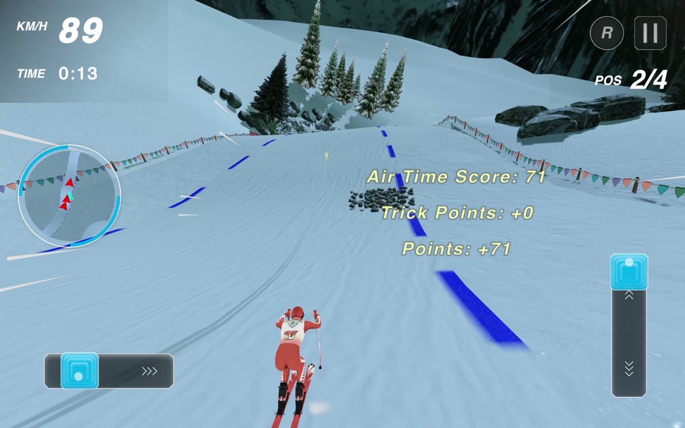 AlpineSwift downhill skiing gameplay on a gated snow course