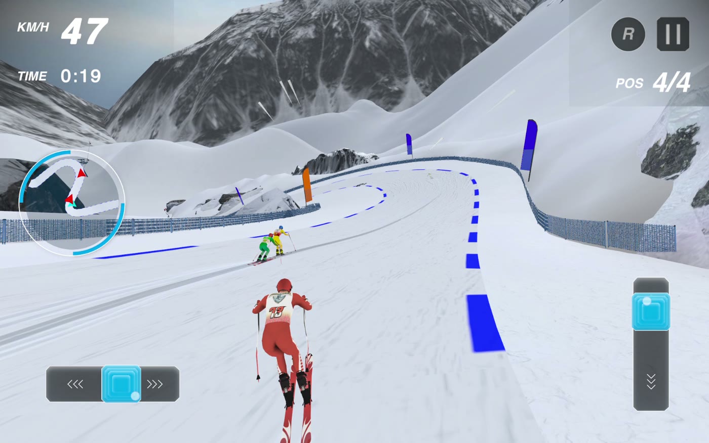AlpineSwift skiing gameplay through a frozen canyon course