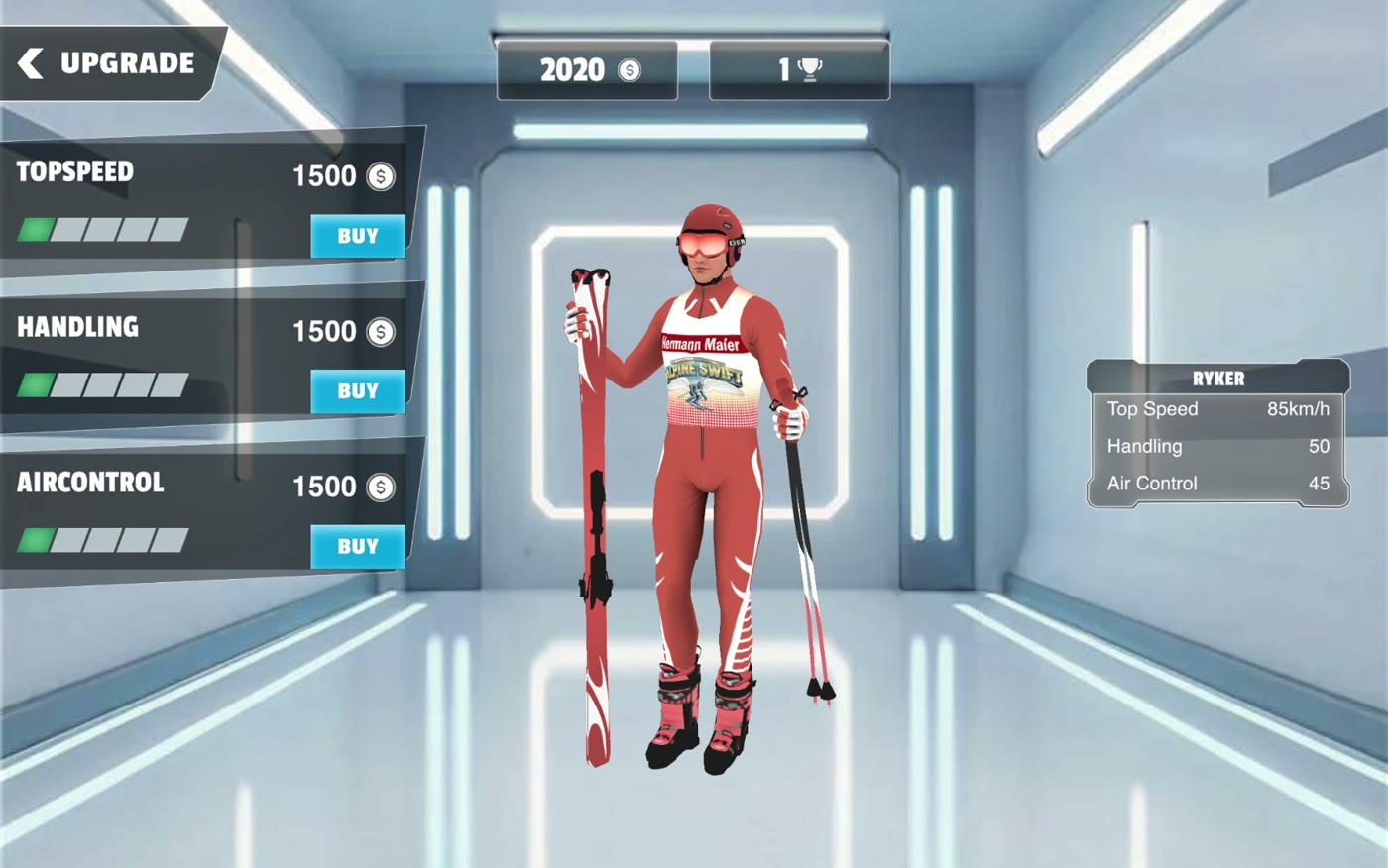 AlpineSwift upgrade screen showing top speed, handling, and air control