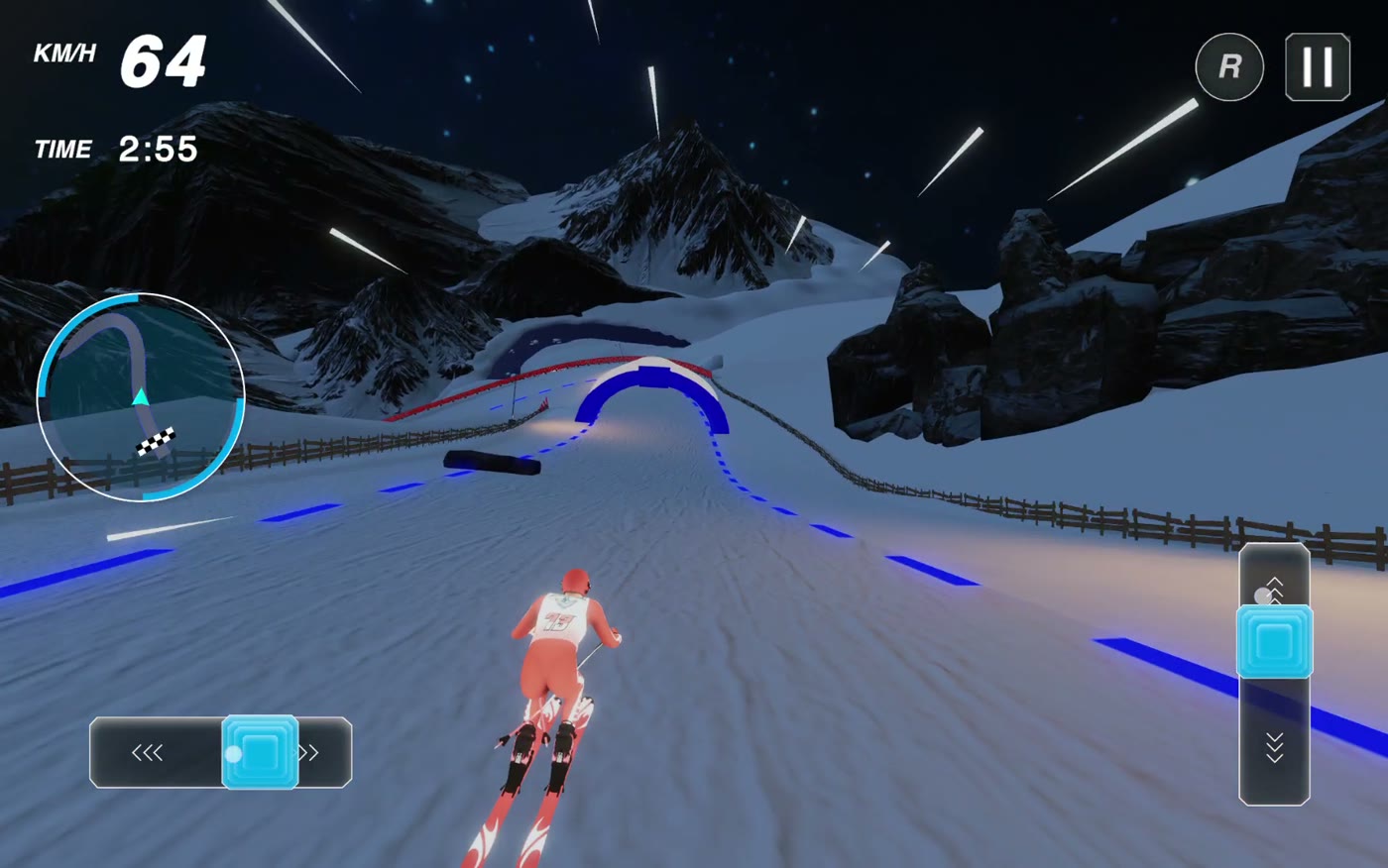AlpineSwift skiing gameplay on a night run above a village
