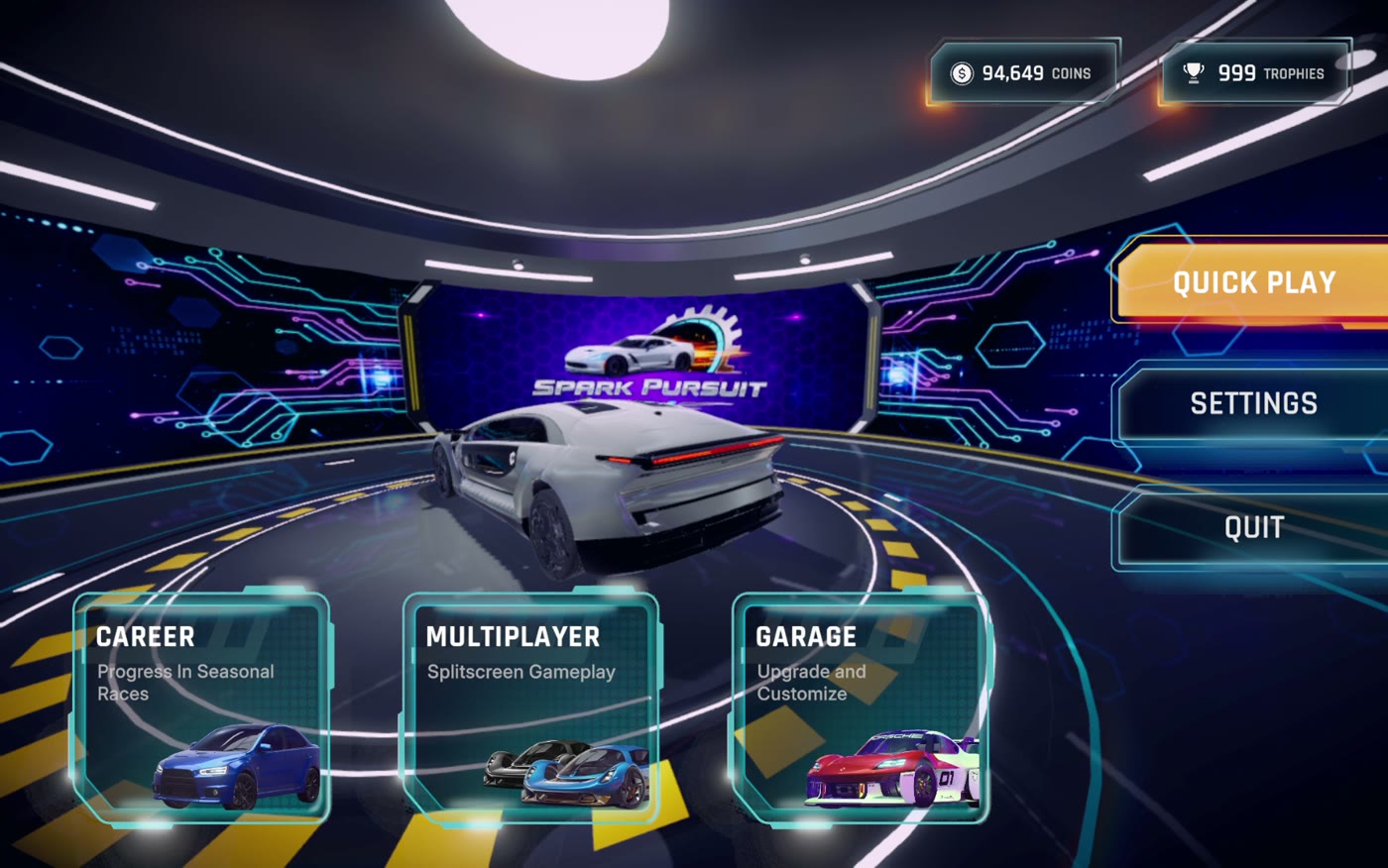Spark Pursuit main menu with career, multiplayer, and garage options
