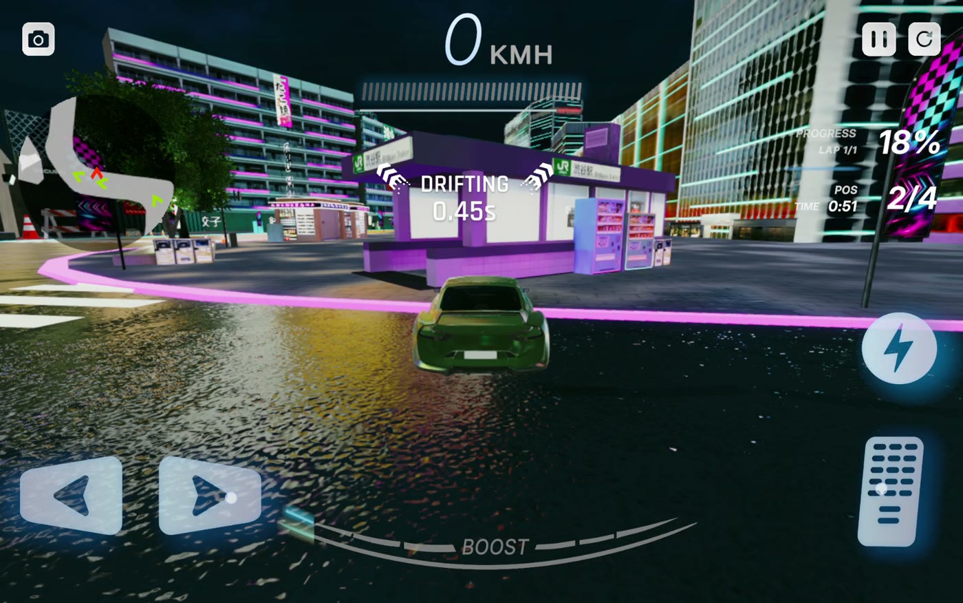 Spark Pursuit racing gameplay on a neon lit night city track