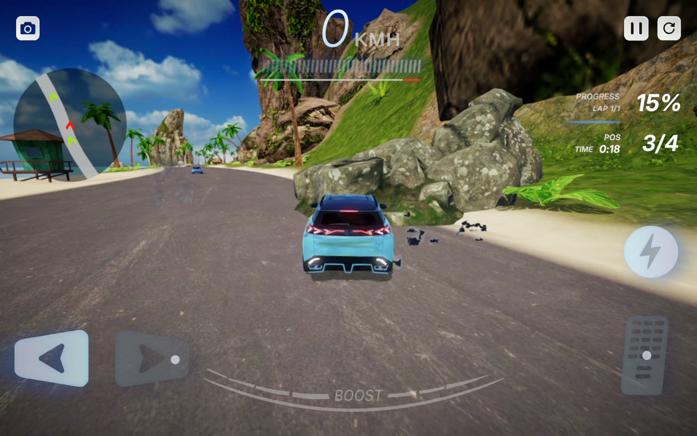 Spark Pursuit gameplay on a tropical coastal road